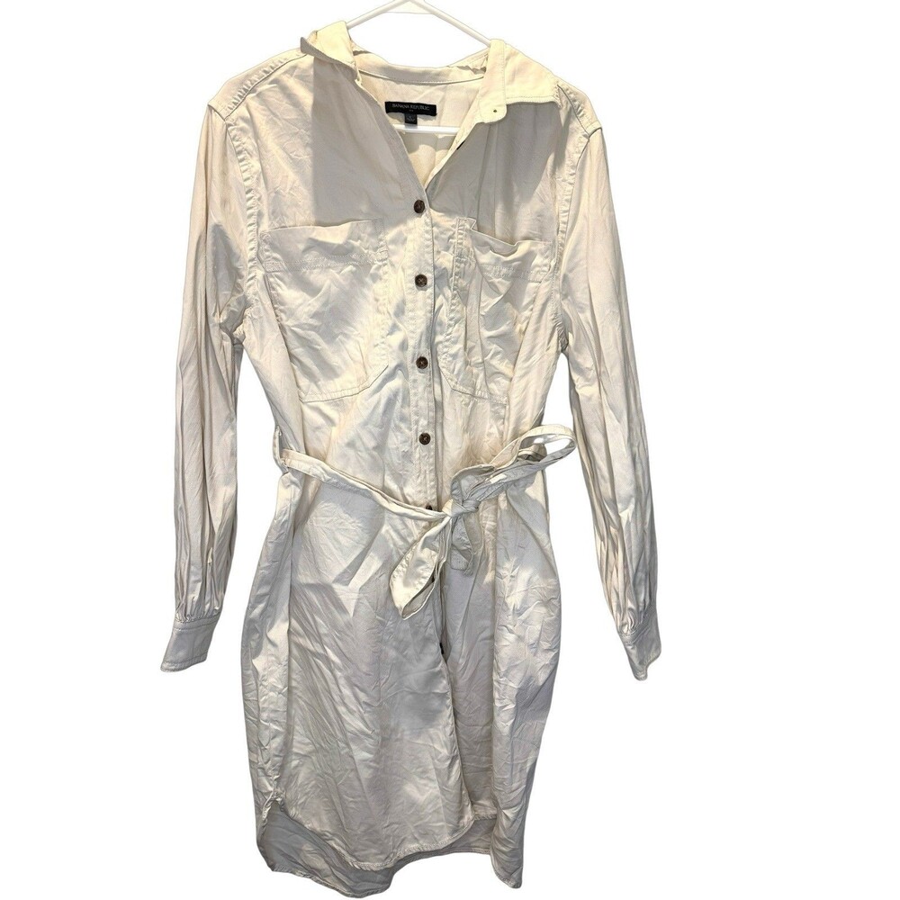 Banana Republic Women's Solid Tan Collared Button-Front Belted Shirt Dress L